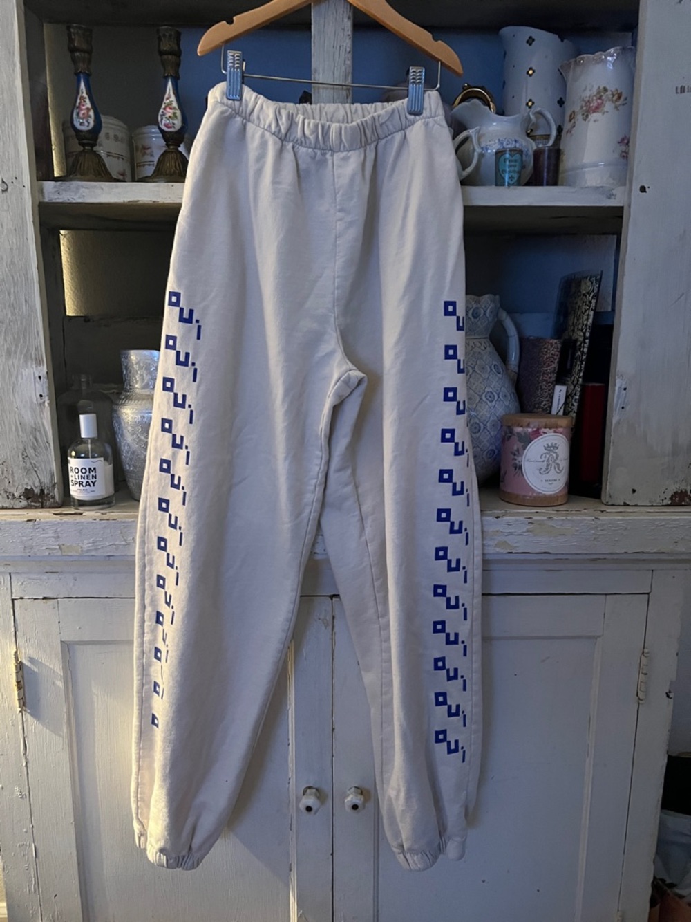 Clare V Cream Track Pants with Blue Geometric Side Print Size S EUC !!!!